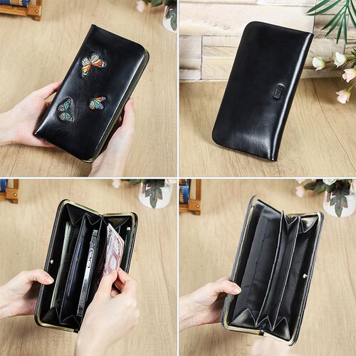 2026春夏黑天使头层牛皮金属铰女士钱包休闲绣花长款RFID防盗刷