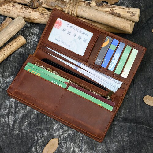 yuqixuan男士长钱包复古疯马皮二折钱包头层牛皮多卡位手包皮夹