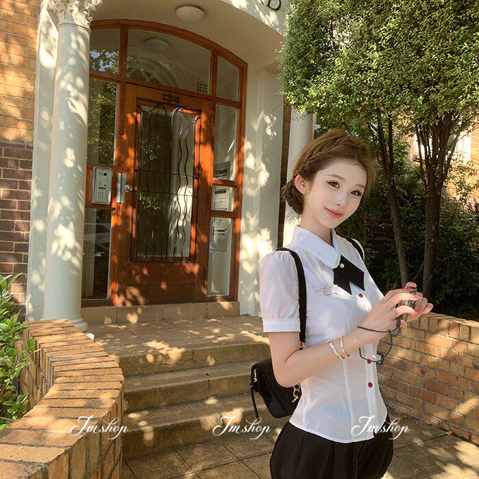 JMSHOP 奈川纱 学院风甜美天丝衬衫女花苞短裤灯笼裤两件套