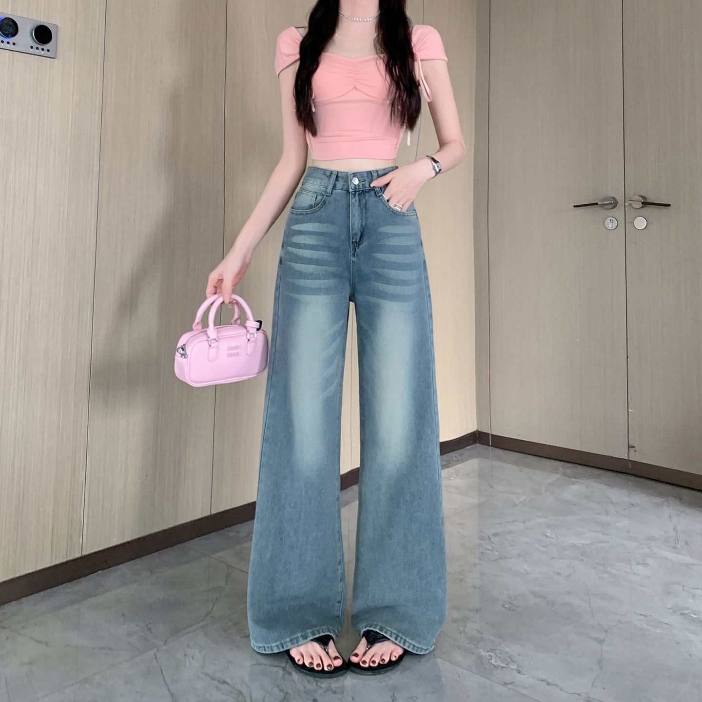 复古做旧水洗猫须牛仔裤女显高显瘦宽松微喇叭阔腿长裤