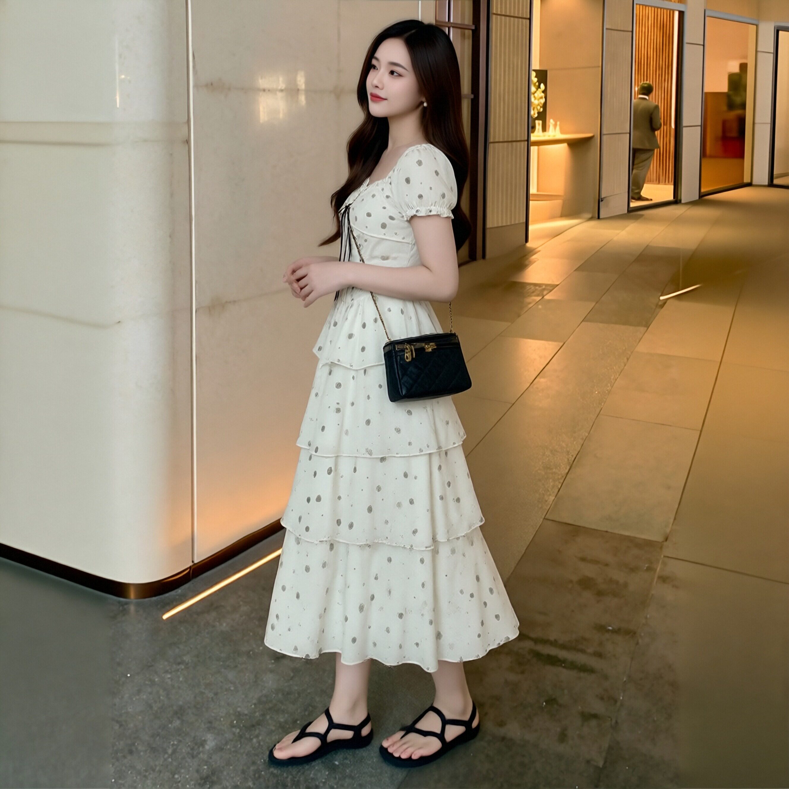 云朵千层法式方领爱心波点连衣裙女夏收腰显瘦蛋糕长裙