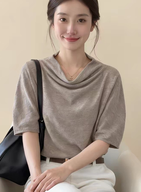 法式小资咖色荡领短袖T恤女2026夏季新款设计感宽松慵懒气质上衣
