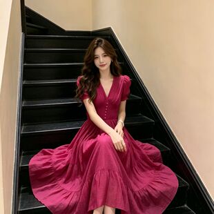 旅游海边度假风多巴胺绝美小裙子法式气质玫红色大摆连衣裙女夏季