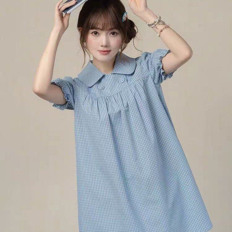 HEYNEW少女感蓝色格子娃娃领泡泡短袖连衣裙夏季复古甜美a字裙女