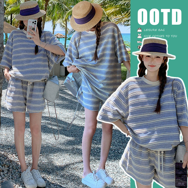 夏季新款韩系甜美慵懒风条纹孕妇套装两件套