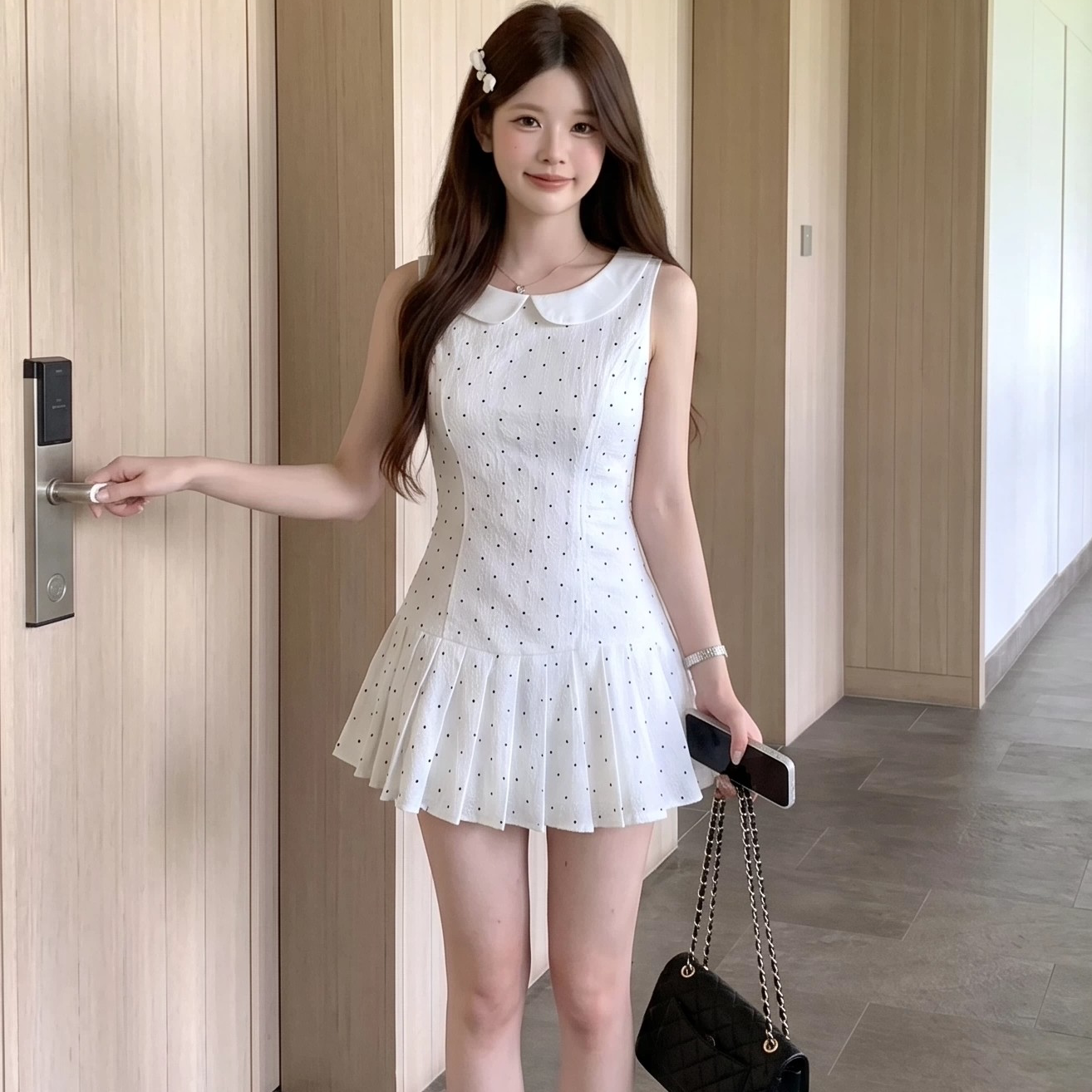 白色娃娃领波点无袖连衣裙女夏季2026新款法式初恋甜美小个子短裙