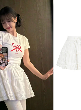 欣欣子同款短裙女2025夏季白色高腰抽绳设计荷叶边裙子显瘦半身裙