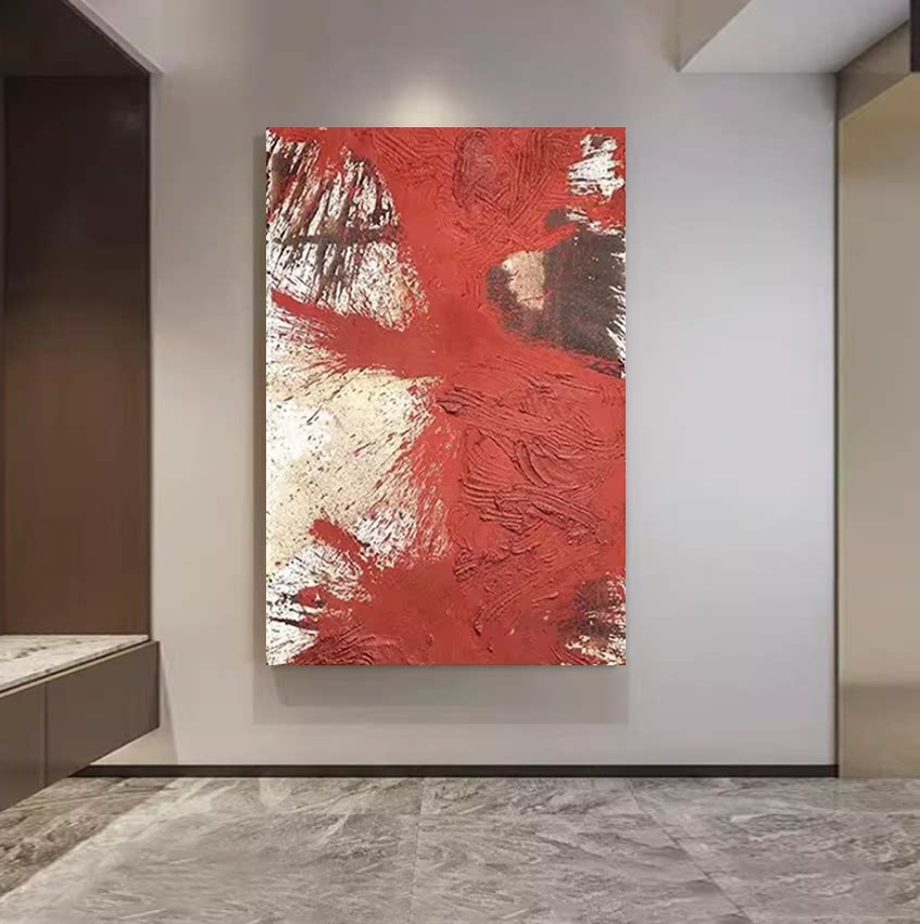 MHD手绘油画《生机》红色抽象现代沙发简约挂画客厅玄关装饰挂画