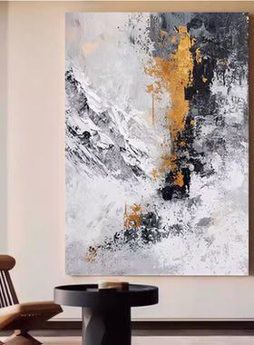 MHD手绘油画黑白《金光闪烁》艺术沙发意式轻奢客厅立体感抽象画