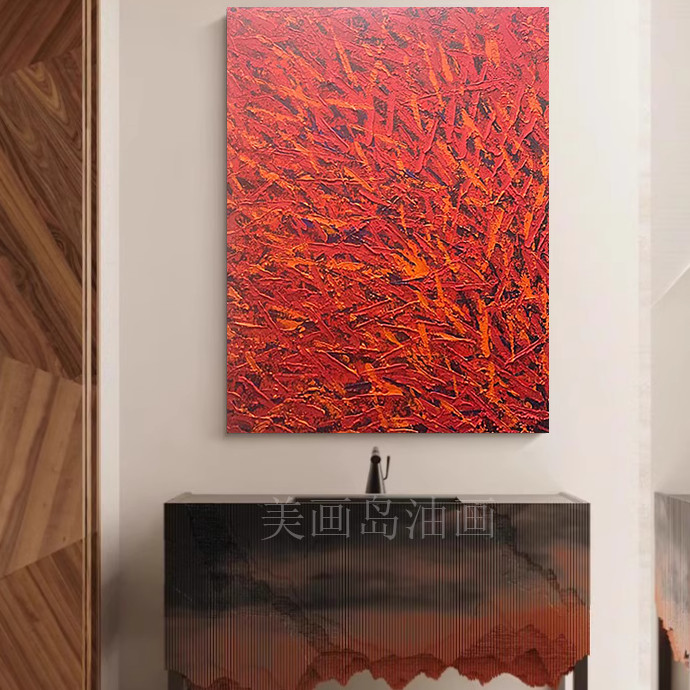 纯手绘油画沙发酒店软装画客厅玄关装饰画红色高级感肌理抽象挂画
