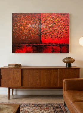MHD原创手绘油画《招财树》红色油画横板书柜抽象肌理沙发背景画
