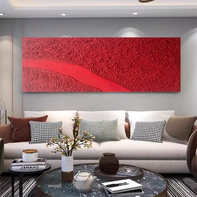 MHD原创肌理手绘油画床头长条横板背景挂画红色沙发酒店客厅油画
