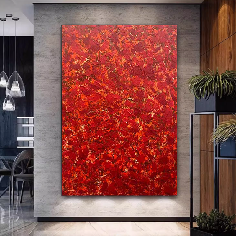 MHD手绘油画《财源滚滚》客厅玄关装饰画酒店沙发抽象画红色油画图片