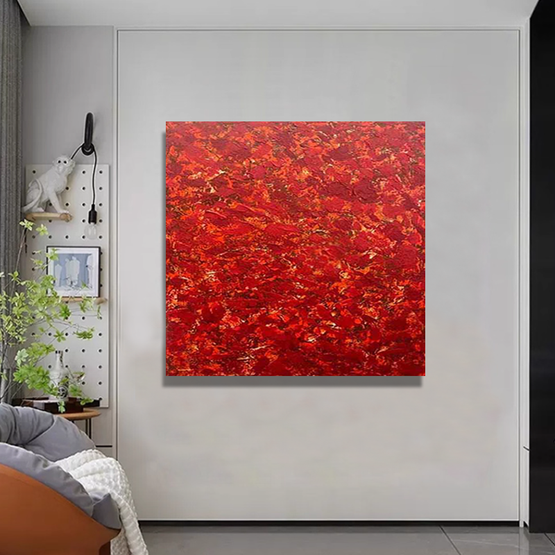 MHD纯手绘油画正方形红色油画肌理沙发餐厅书柜挂画轻奢客厅壁画