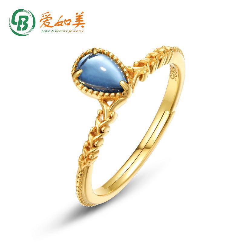 简约几何水滴戒指纯银镶瑞士蓝托帕石戒指开口可调节指环