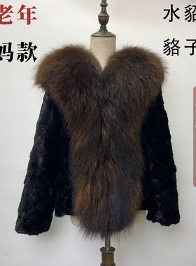 秋冬新款女士中老年皮草外套真毛水貂貉子毛领保暖外衣妈妈款女装