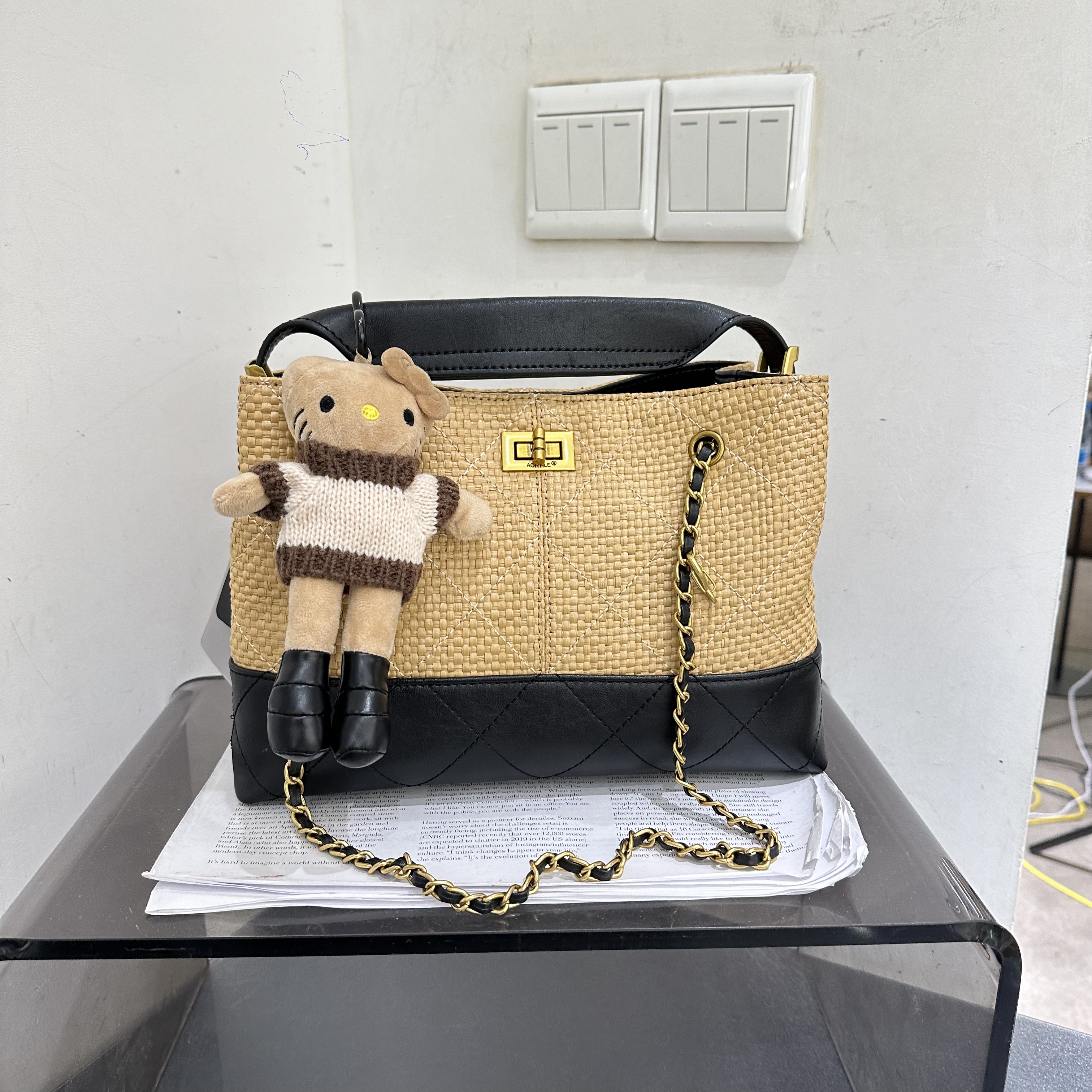 新款时尚草编菱格链条分层手提单肩包包休闲女包简约百搭洋气锁扣