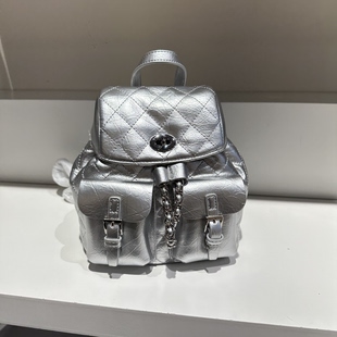 新款时尚小香风菱格链条小众简约双肩包链条抽绳大容量休闲女包中