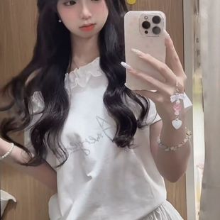 设计感小众修身 美式 新款 复古辣妹烫钻斜肩短袖 显瘦上衣 t恤女夏季