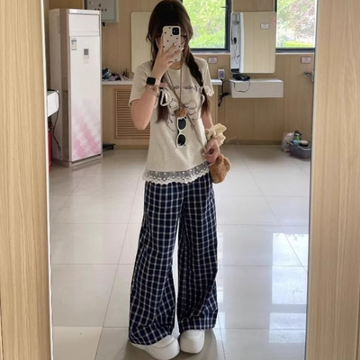 美式小个子修身显瘦蝴蝶结印花T恤女新款夏季蕾丝花边下摆上衣ins