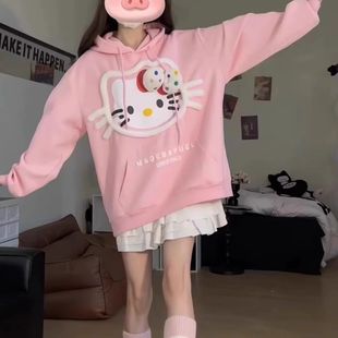 复古可爱植绒立体kitty猫连帽卫衣女秋冬新款 美式 宽松慵懒风外套