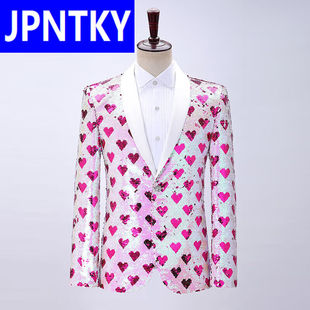 JPNTKY男士修身玫粉变色亮片演出西服男孩直播青春流行歌手礼服上