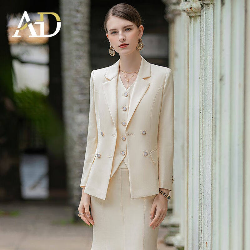 AD高端浅色职业装套装女秋季米色西服外套收腰西装马甲三件套西装