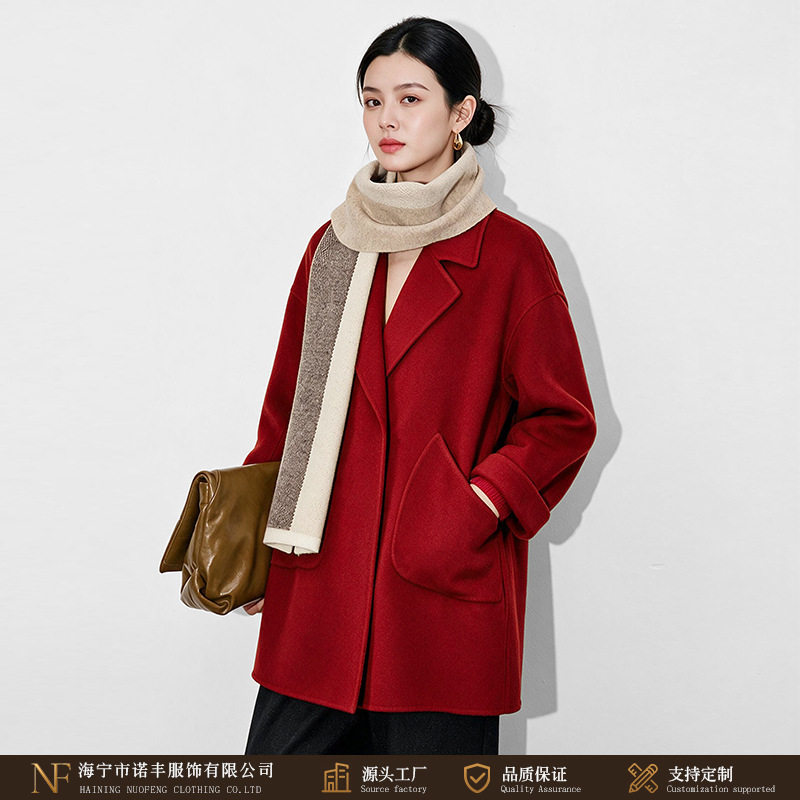 气质红色双面呢礼服大衣中长款西装领时尚羊毛外套秋冬百搭款女装