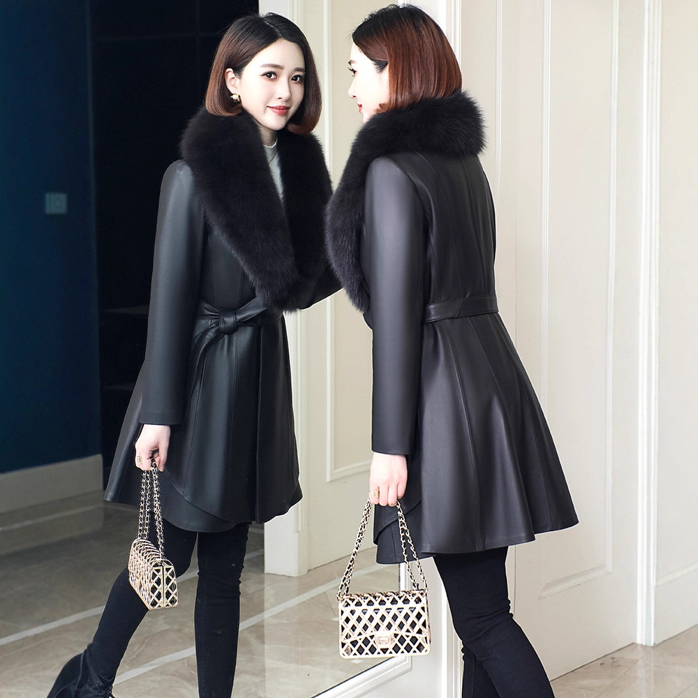 海宁秋冬新款真皮皮衣气质风衣羽绒服狐狸毛领中长款修身百搭外套