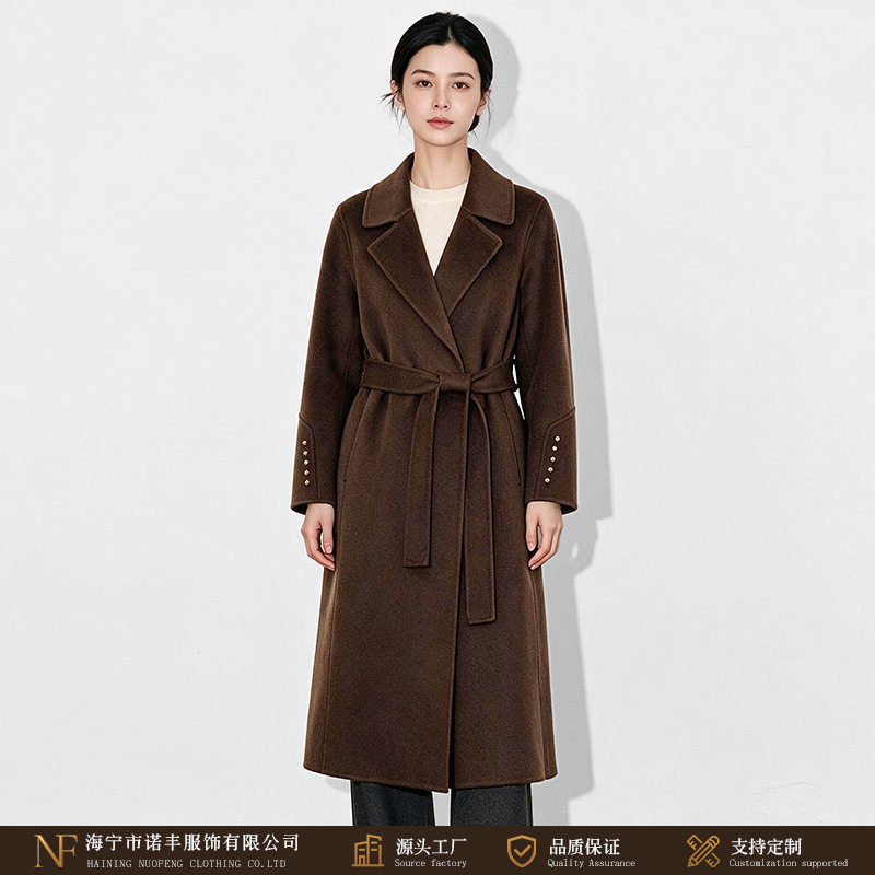 长款过膝双面羊毛大衣西装领系带收腰赫本风咖色风衣修身毛呢外套
