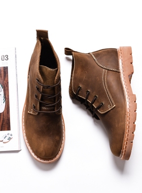 原创新款复古日系欧美风真皮沙漠靴户外靴情侣款工装靴马丁靴潮鞋