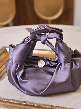 素锦手作灰紫色缎面水饺包褶皱包包小众极简设计感ins手提云朵包