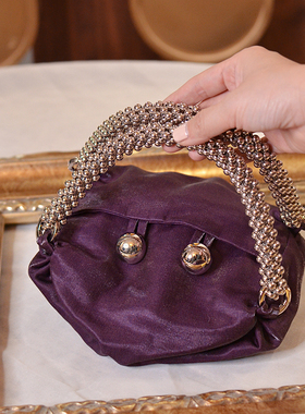 素锦手作复古神秘感葡萄绛紫色珍珠绸缎包水饺包优雅手提晚宴小包