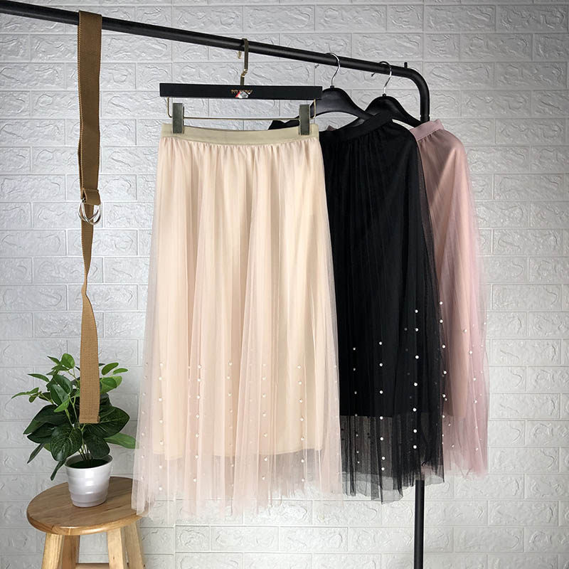 新款a字高腰钉珠珍珠百褶中长网纱裙女超仙的半身裙子潮AB132在类目 女装/女士精品, 半身裙中 - 来自Buy2taobao.com提供专业的淘宝代购服务