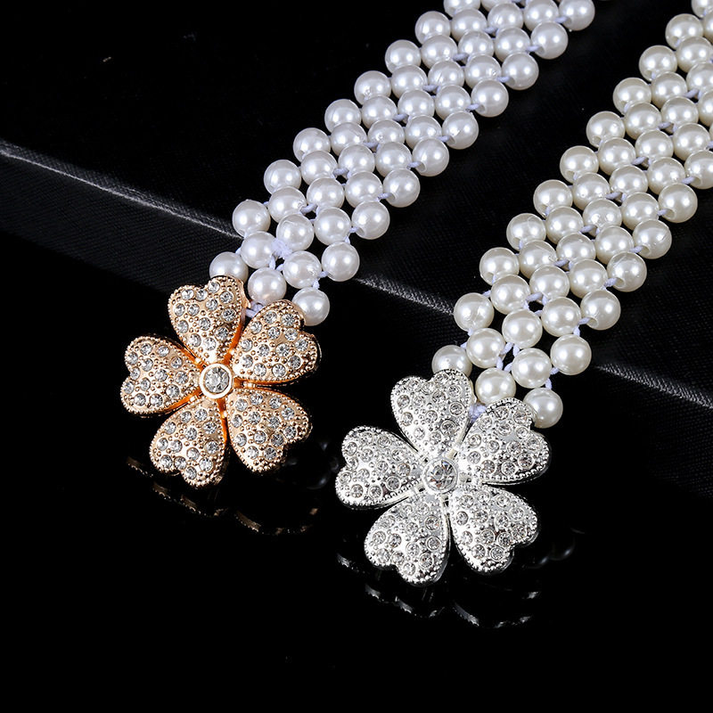 外贸女士腰带腰链腰封 珍珠水钻蝴蝶花朵 优雅韩版百搭束腰显瘦