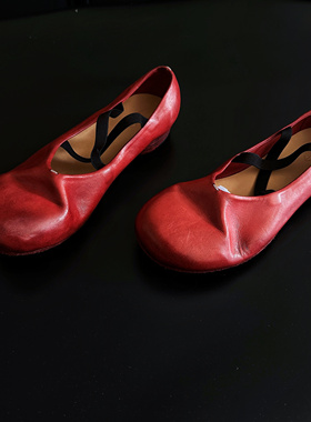 断码特）YASE•Z做旧擦色水洗马皮褶皱圆头玛丽珍平底娃娃鞋女鞋