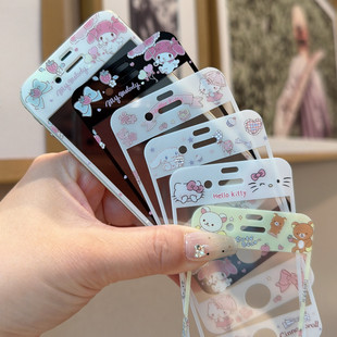 可爱kt猫苹果4s钢化膜适用iPhone5s防尘6P卡通7透明高清8plus手机彩膜SE2