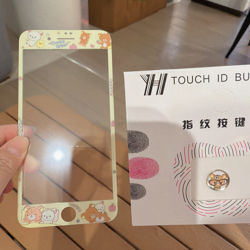 适用苹果6s/7卡通钢化玻璃8plus贴膜iPhone4/5s指纹按键贴se1/2/3
