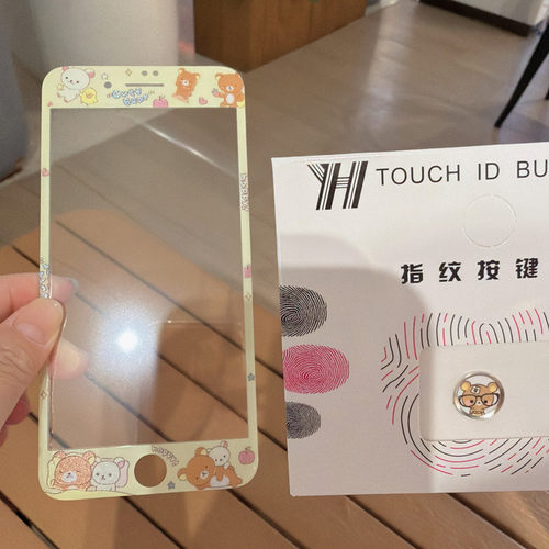 适用苹果6s/7卡通钢化玻璃8plus贴膜iPhone4/5s指纹按键贴se1/2/3
