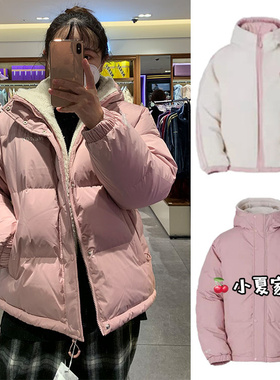 韩国代购专柜正品nerdy双面穿羊羔绒连帽短款鹅绒羽绒服秋冬款女