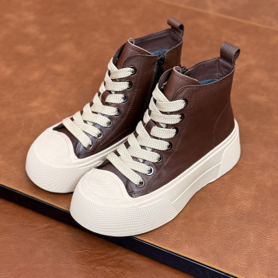真皮加绒2025新款复古百搭高帮鞋平底厚底板鞋秋冬女款休闲饼干鞋