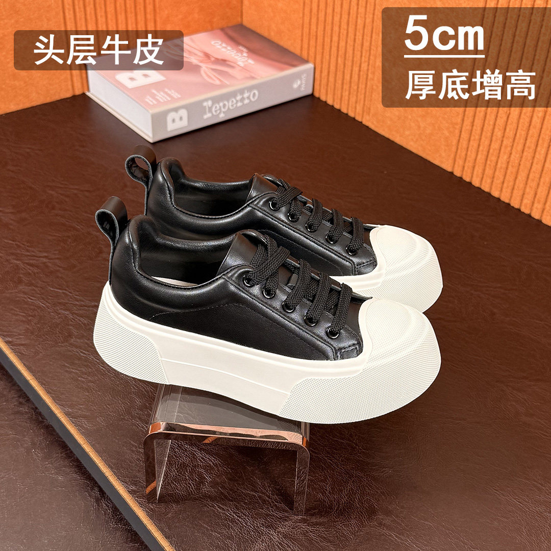 真皮2026新款秋季女款流行百搭小白鞋休闲饼干鞋厚底增高平底板鞋图片