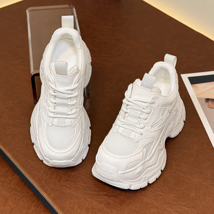 真皮厚底增高8cm显脚小老爹鞋女款2026春夏新款透气小个子小白鞋