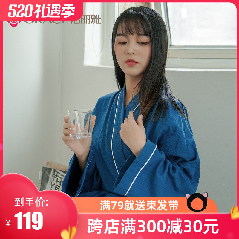 3grace/洁丽雅春夏季薄款浴袍吸水速纯棉成人男女浴衣干华夫格睡袍