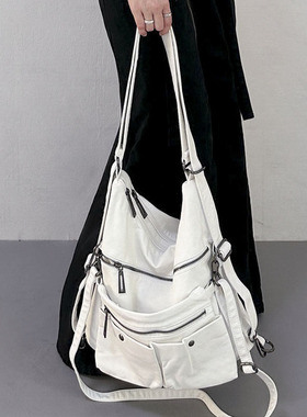 YAU大树 白色机车包多拉链复古单肩斜挎包双肩包大容量托特包y2k