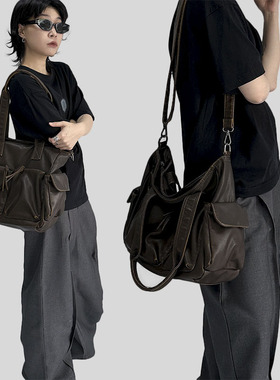 YAU大树 法式复古托特包水洗做旧单肩斜挎包甜酷机车包辣妹腋下包