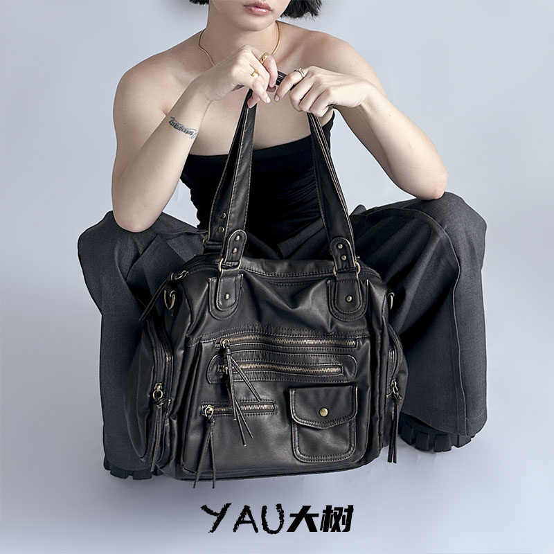 YAU大树 辣妹街头复古单肩斜挎包无性别美式机车包酷拽多拉链包