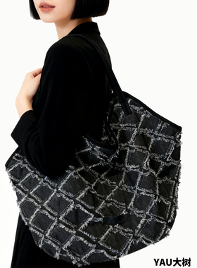 YAU大树 菱格牛仔单肩包大容量购物袋休闲百搭包包潮酷托特包简约