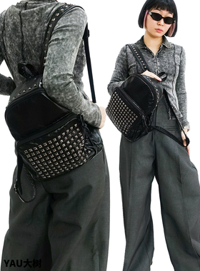 YAU大树 铆钉双肩包潮酷背包软皮机车包轻便旅行包ipad包通勤书包
