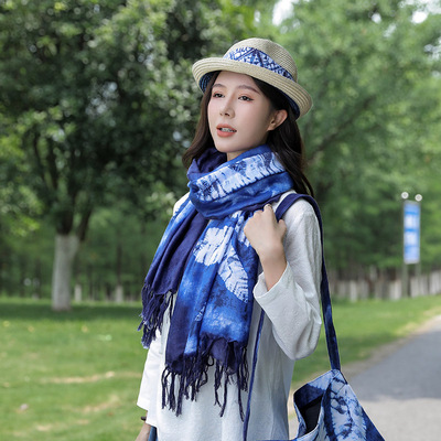 春季新款扎染民族风围巾女云南旅游印花披肩外搭棉麻手感防晒拍照